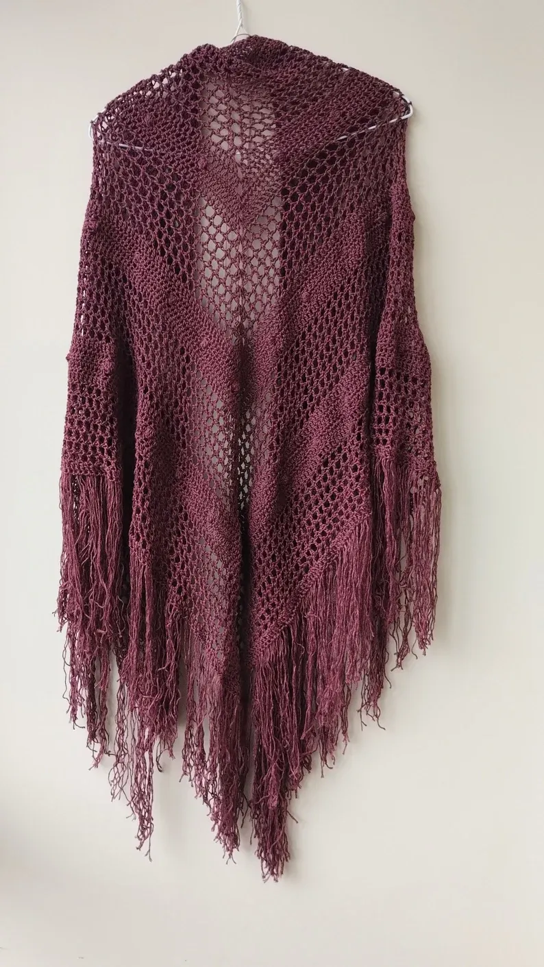 Chal burdeos de bambú de crochet hecho a mano - Imagen 4
