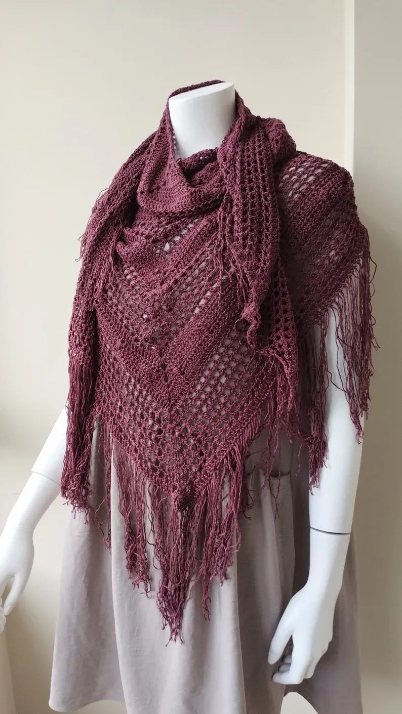 Chal burdeos de bambú de crochet hecho a mano - Imagen 6