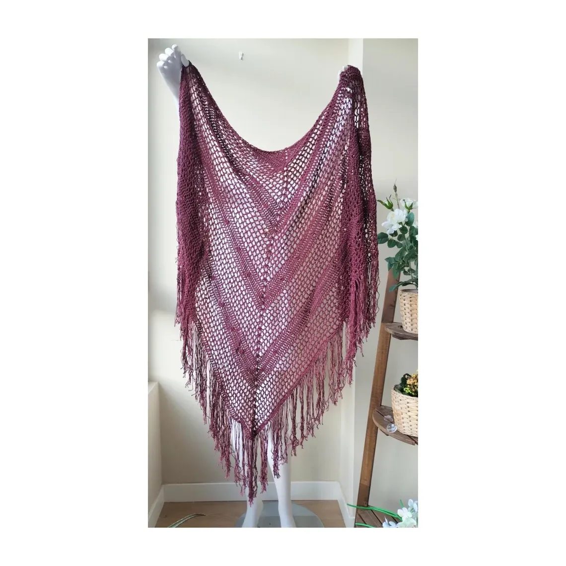 Chal burdeos de bambú de crochet hecho a mano - Imagen 9