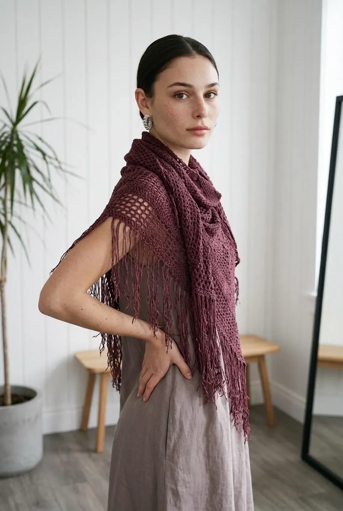 Chal burdeos de bambu de crochet hecho a mano verano
