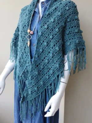Chal de Crochet de Alpaca Aguamarina con Flecos