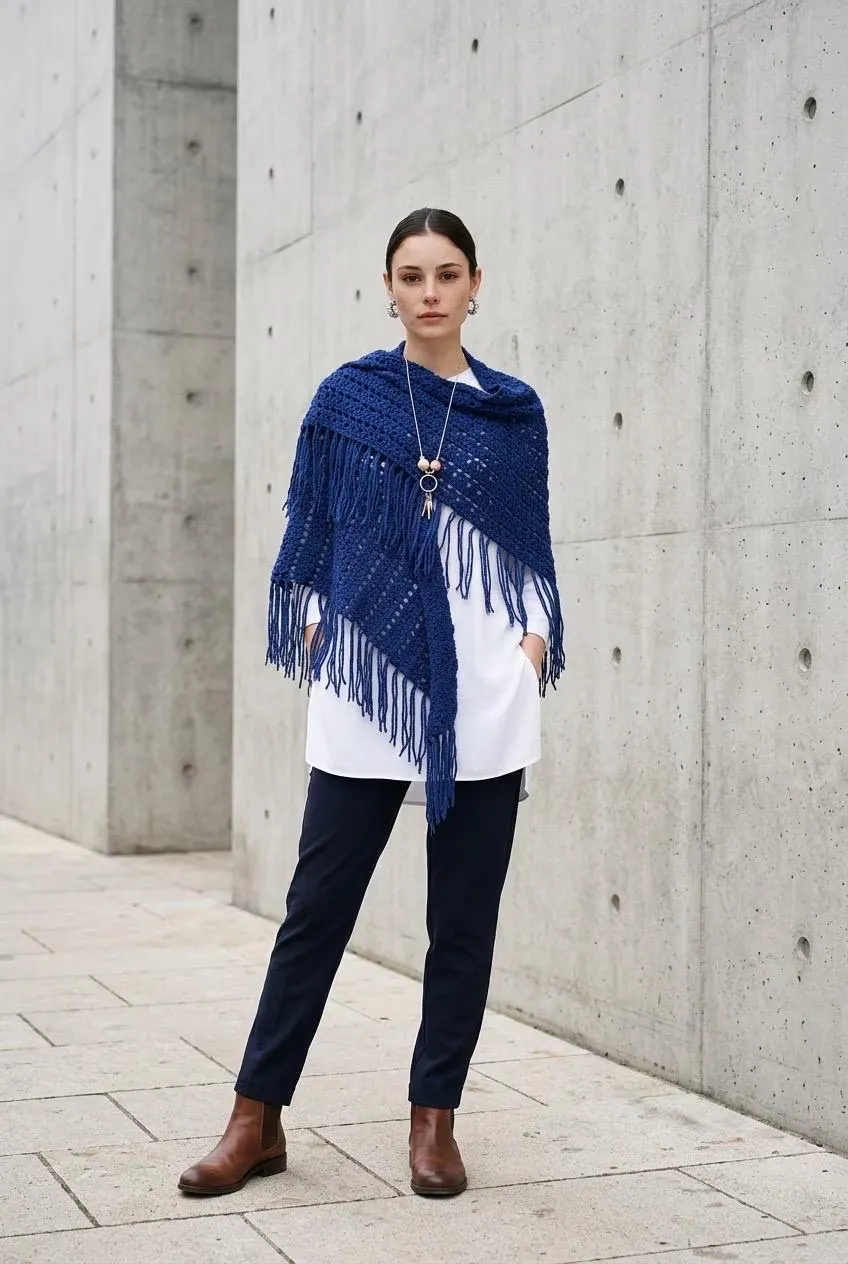 Chal de crochet azul marino con flecos hecho a mano - Imagen 4