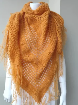 Chal de Crochet de Alpaca con Flecos. Mandarina