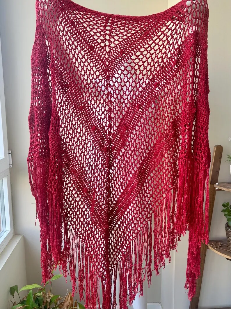 Chal rojo de bambú de crochet hecho a mano - Imagen 4