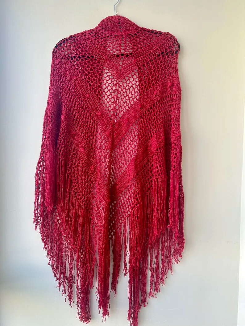 Chal rojo de bambú de crochet hecho a mano - Imagen 5
