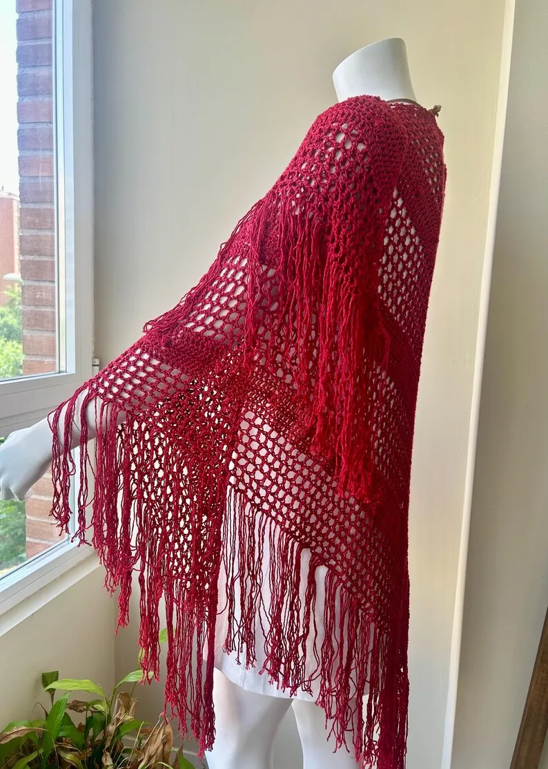 Chal rojo de bambú de crochet hecho a mano - Imagen 7